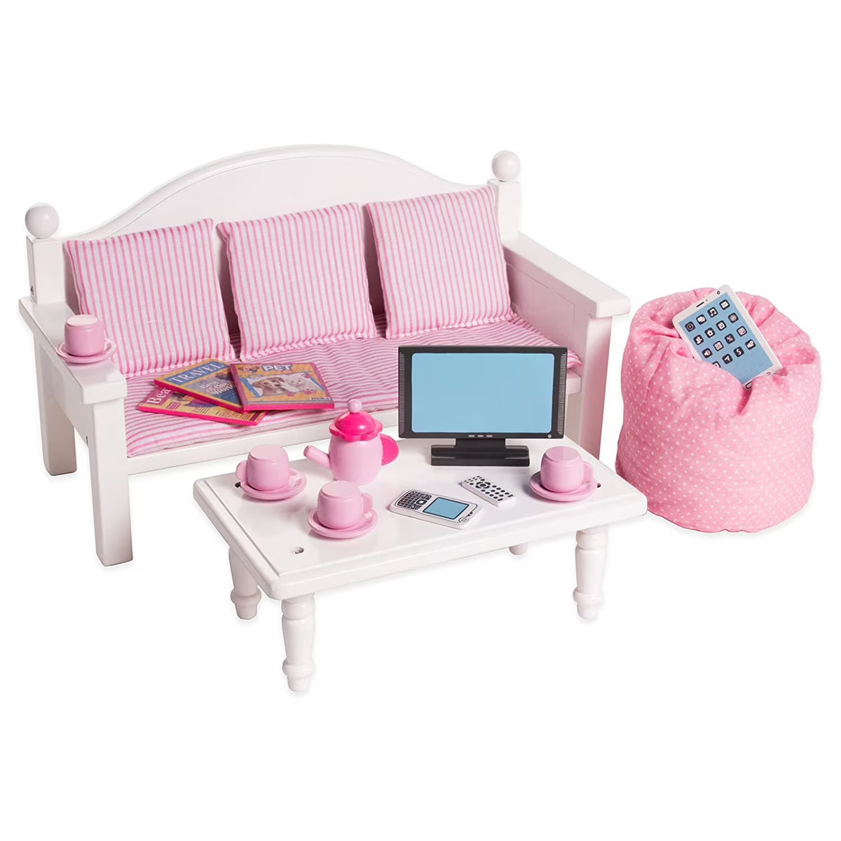 18" Dolls Wood Sofa & Coffee Table with Accessories E900171
