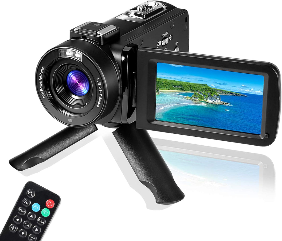 48MP 16X Digital Zoom Flip Screen Autofocus Camcorder with Wide-Angle Lens, Macro Lens, 32G Micro Card, 2 Batteries (Gray) Y100