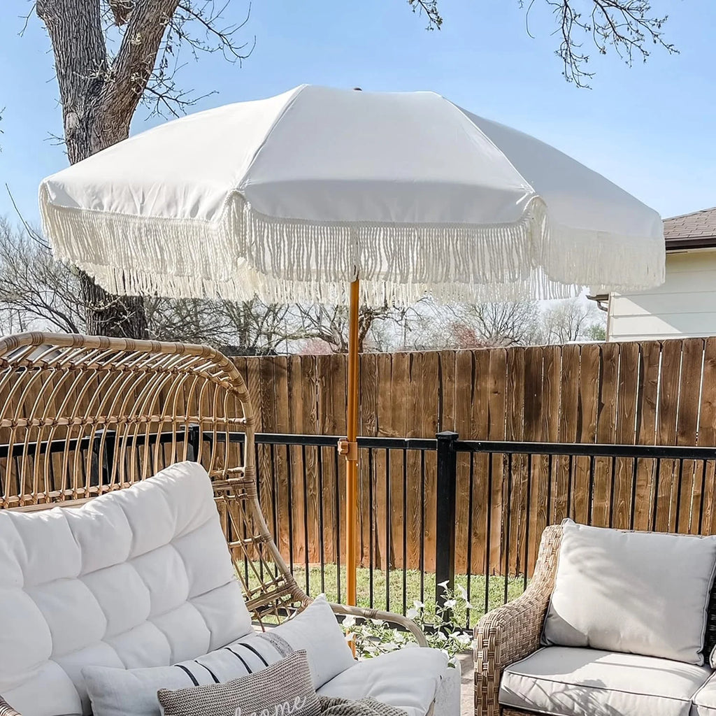 White Cream 7ft Patio Umbrella with Fringe O3468