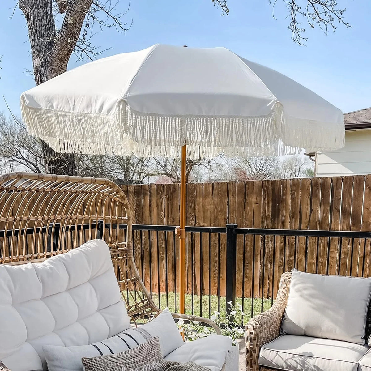 White Cream 7ft Patio Umbrella with Fringe O3468