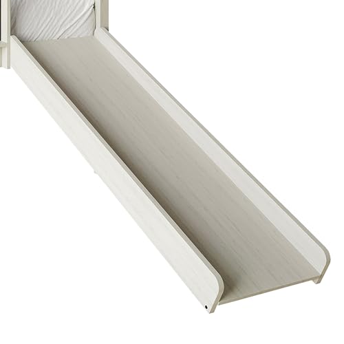 Antique Gray Wood Twin Loft Bed Frame with Slide, Climbing Ladder, Chalkboard, Guardrail V691