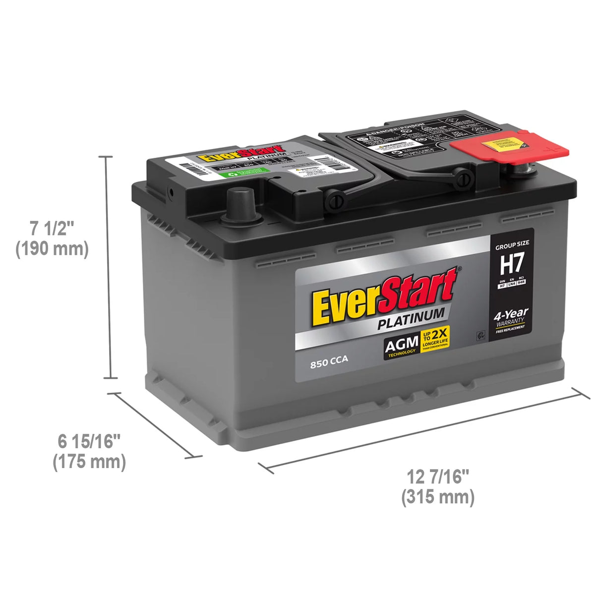 AGM Automotive Battery, Group Size H7 / LN4 / 94R 12 Volt, 800 CCA 140 RC K149913