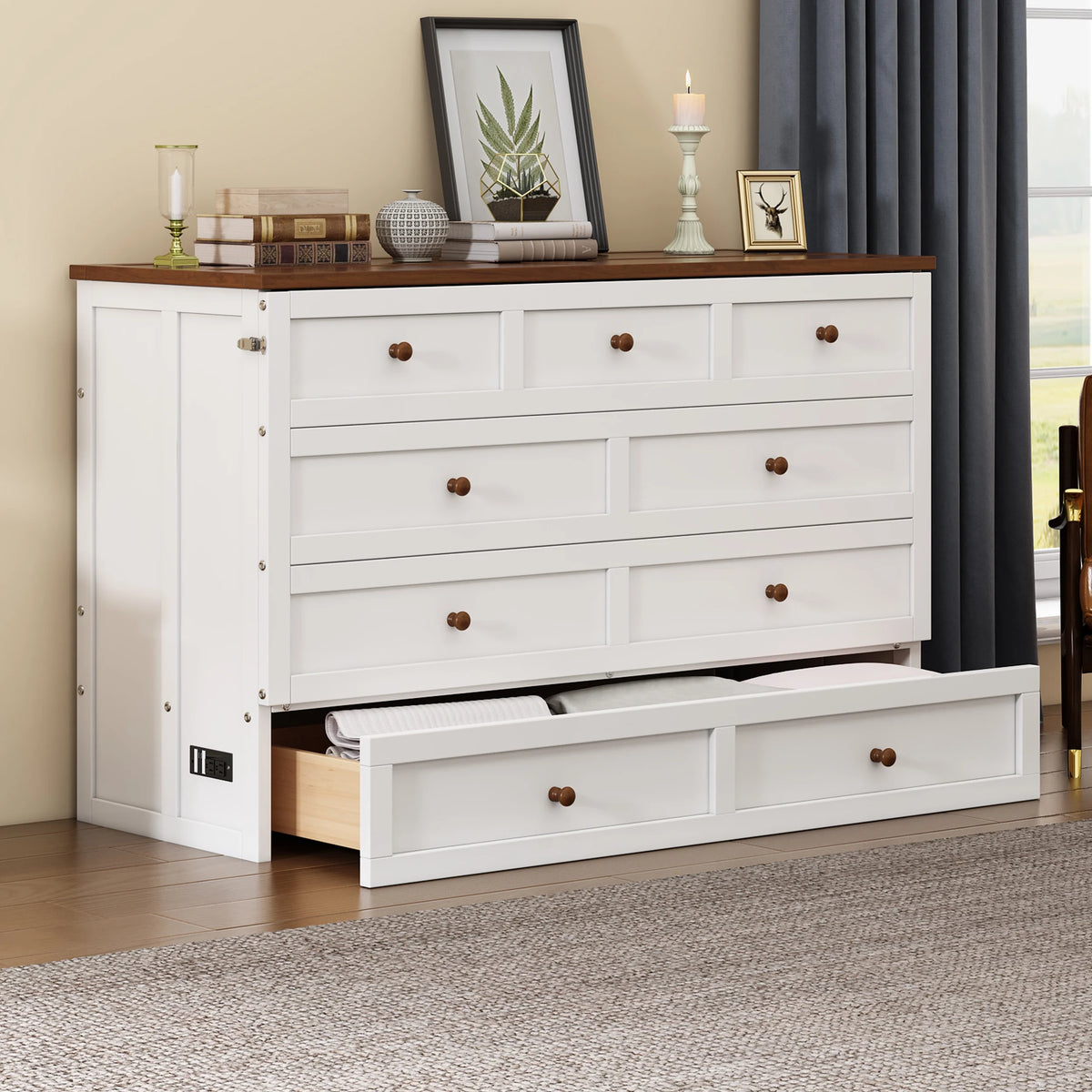 Queen Size Solid Wood Murphy Bed with Storage Drawer T414