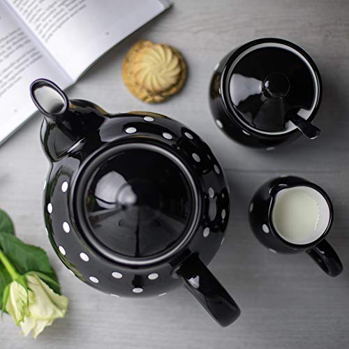 Black and White Polka Dot Large Ceramic 1.7l 60oz 4-6 Cup Teapot Milk Jug Sugar Bowl Set T65228
