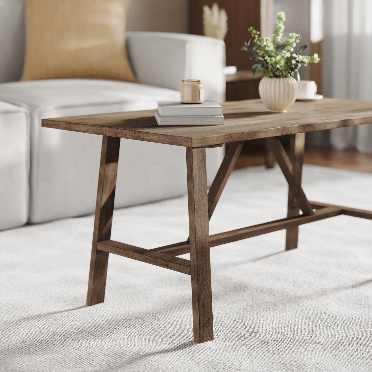 Solid Wood Farmhouse Coffee Table in Rustic Brown C11419