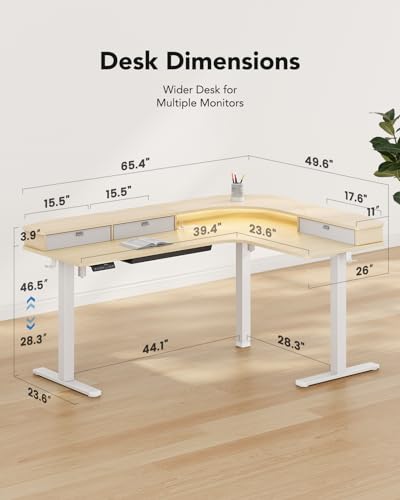 65″ L-Shaped Electric Height Adjustable Standing Desk with 3 Drawers N19463