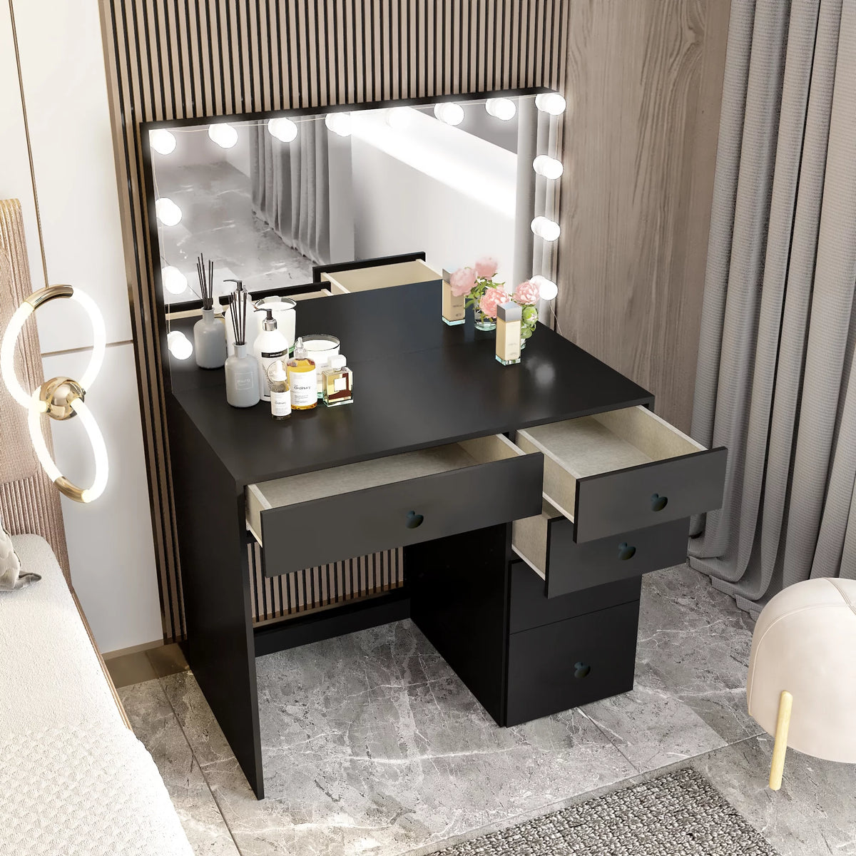 Black Makeup Vanity Table with 5 Drawers I28364