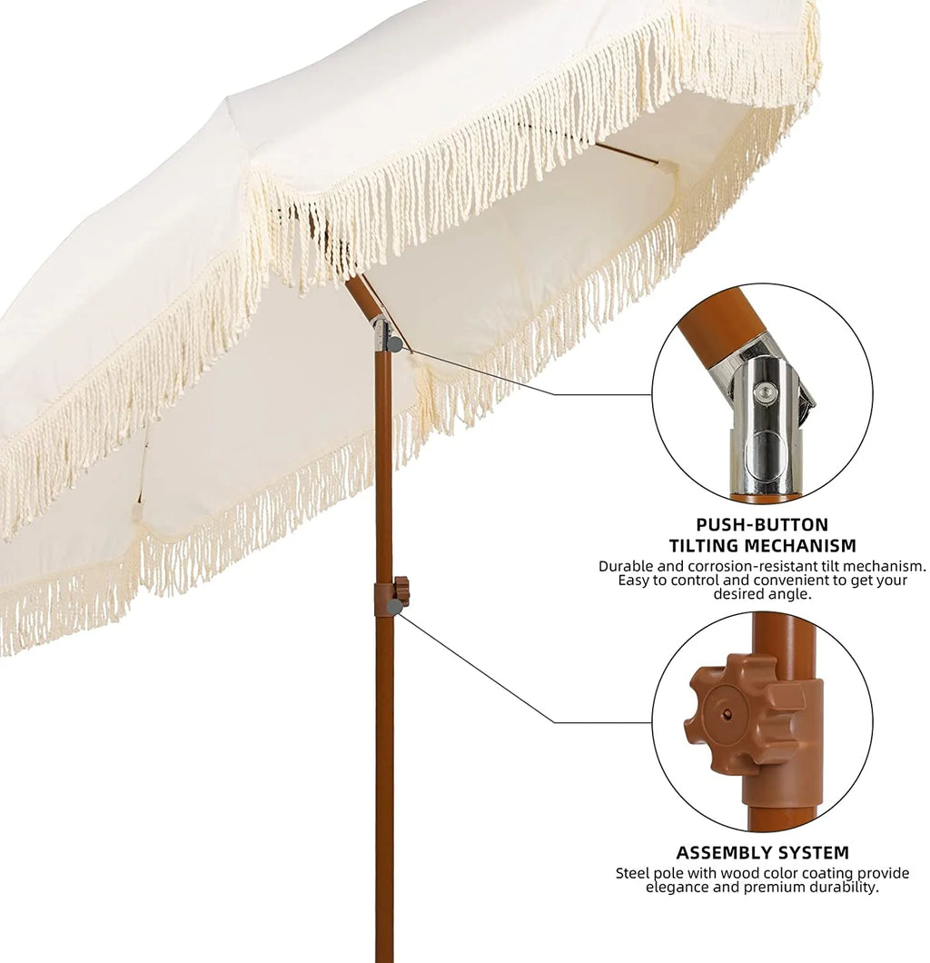 White Cream 7ft Patio Umbrella with Fringe O3468