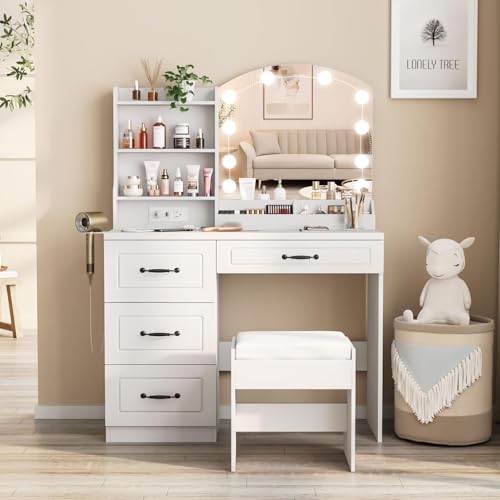 White Makeup Vanity Desk with Lights and Charging Station U347