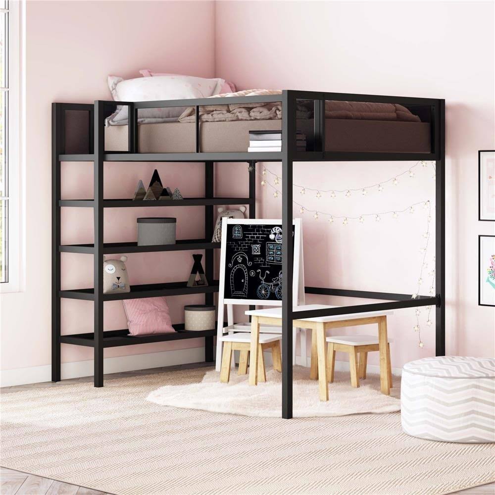 Black Metal Twin Storage Loft with Bookcase F439017