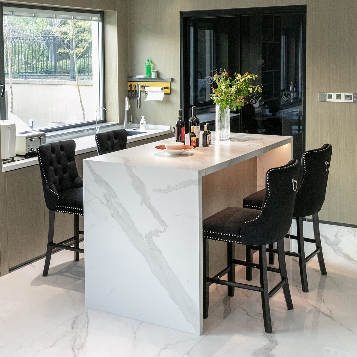 Black Velvet Upholstered Bar Stools Set of 4 P7118