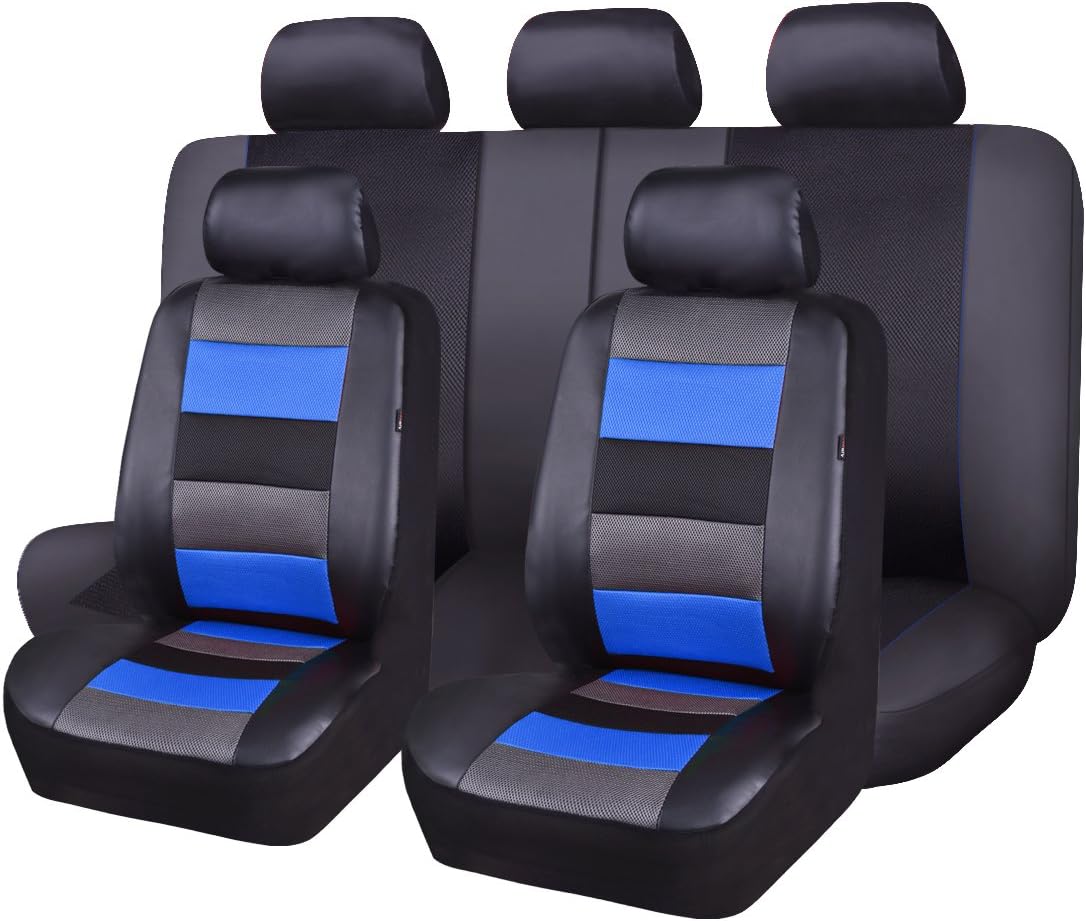 Black Leather and Red Fabric Car Seat Covers Full Set F984082