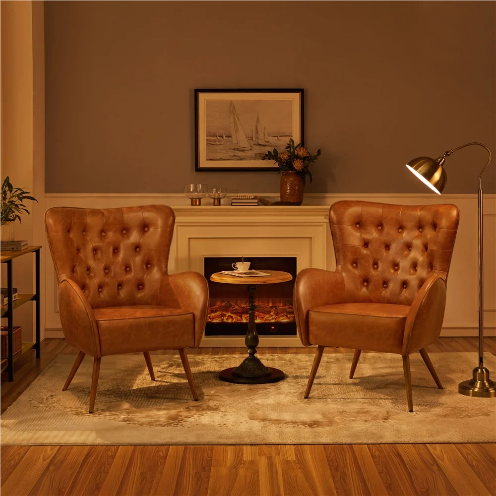 Brown Faux Leather Tufted Accent Chair, 2pcs X7849