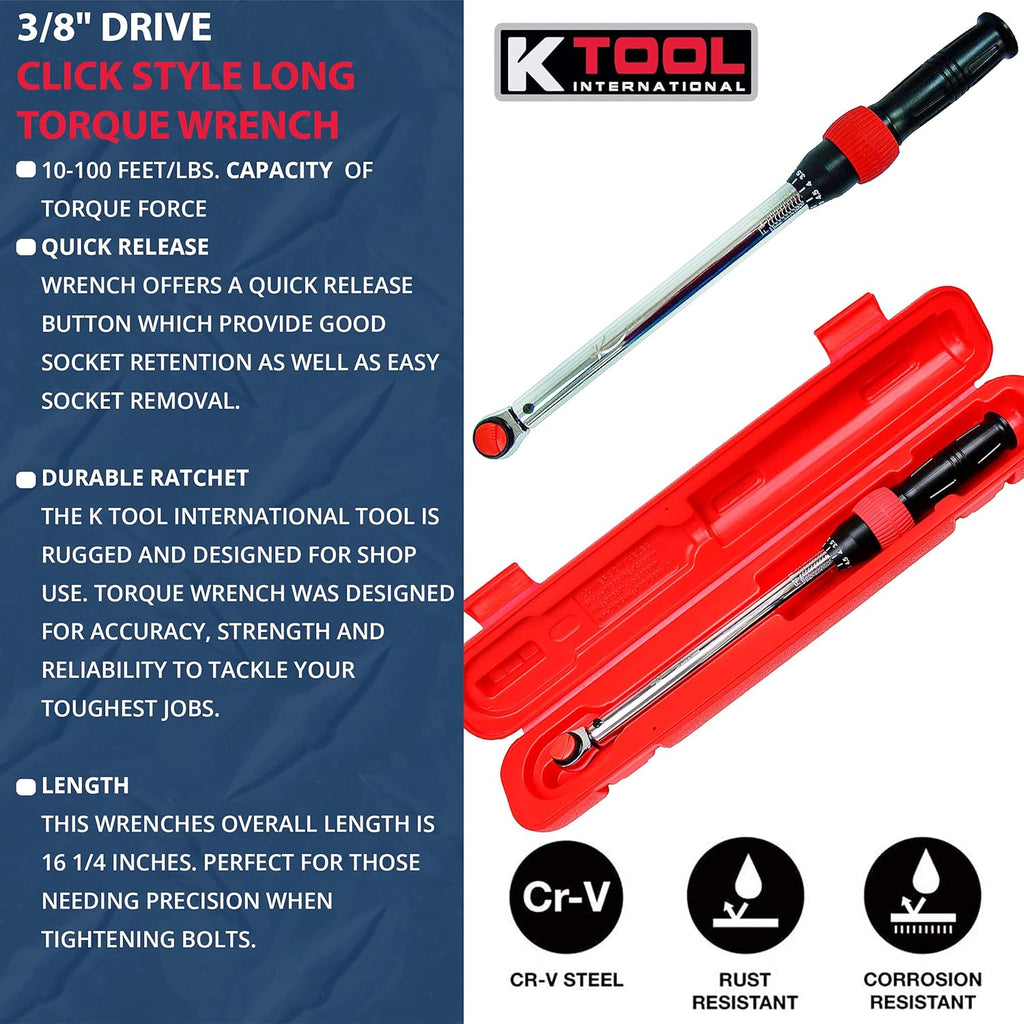 3/8 Drive Click Style Long Torque Wrench, 10-100 feet/lbs. Capacity, 16-1/4 Long H22143