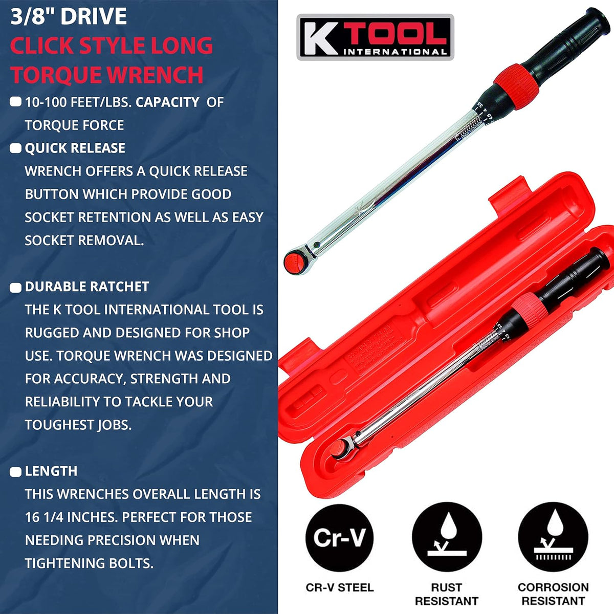 3/8 Drive Click Style Long Torque Wrench, 10-100 feet/lbs. Capacity, 16-1/4 Long H22143