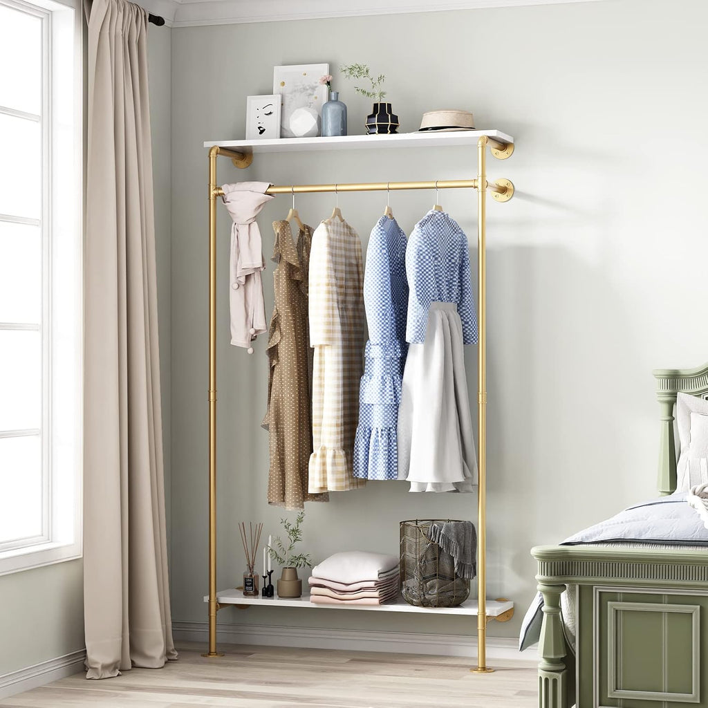 Industrial Pipe Clothing Rack with 2-tier Wooden Shelves Gold E38762
