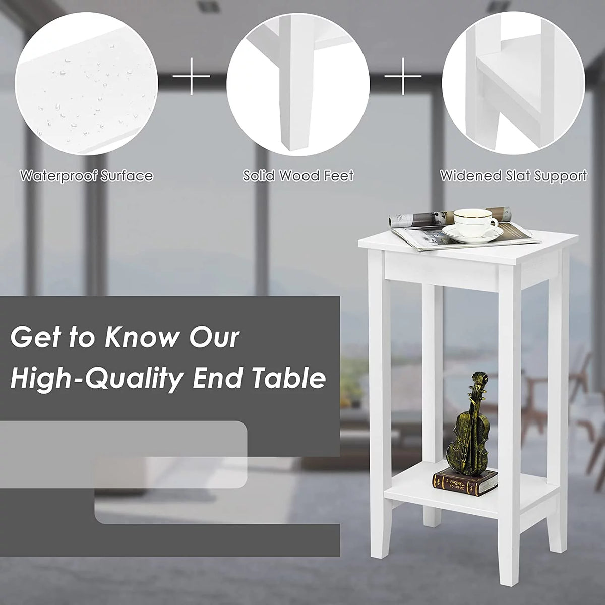 2-Tier End Table with Shelf and Wooden Legs, White K2106