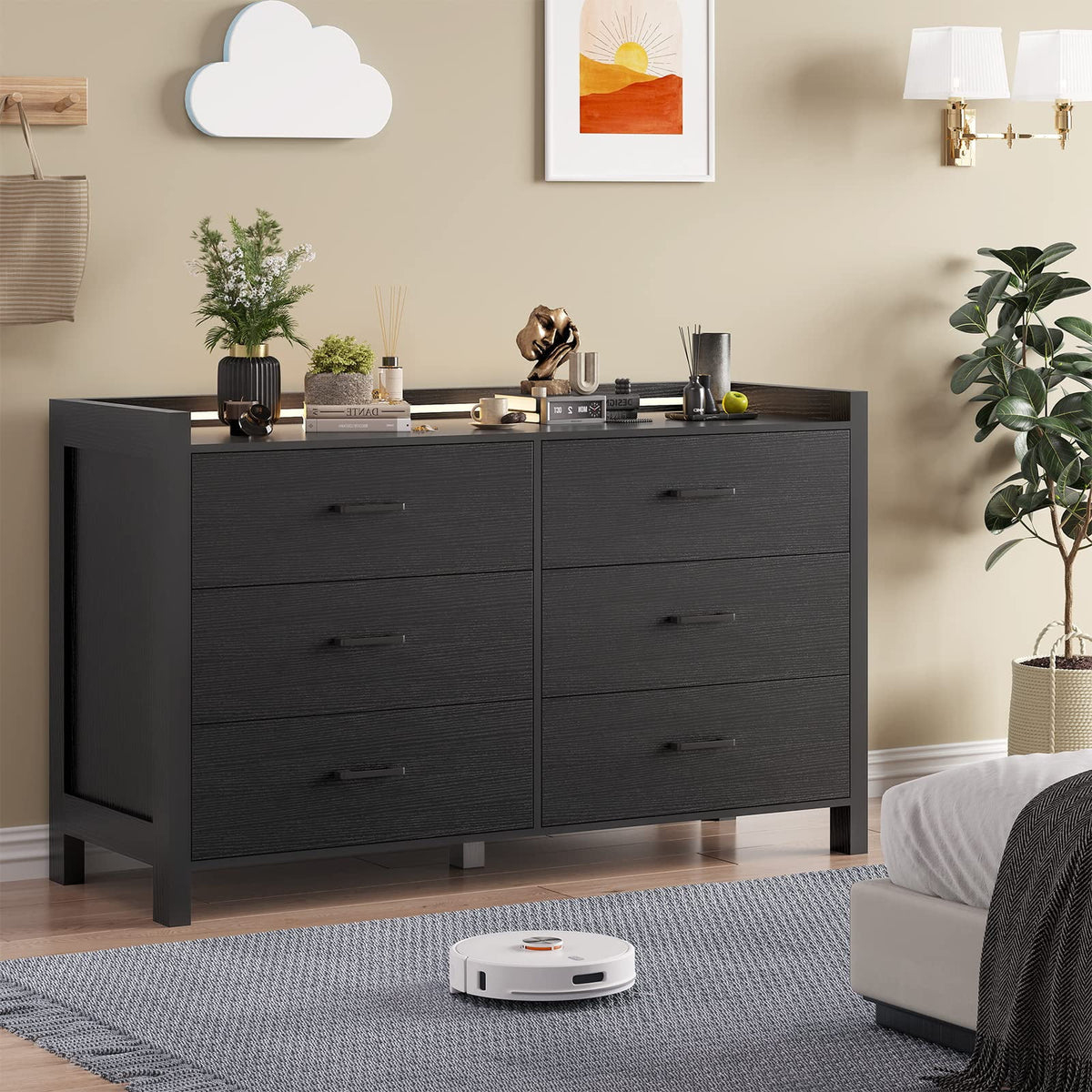 Black 6 Drawer Double Dresser with LED Lights R91376