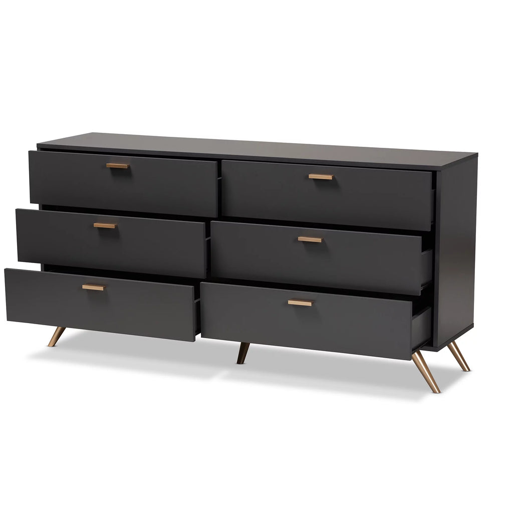Dark Grey Gold Wood 6-Drawer Dresser V1097