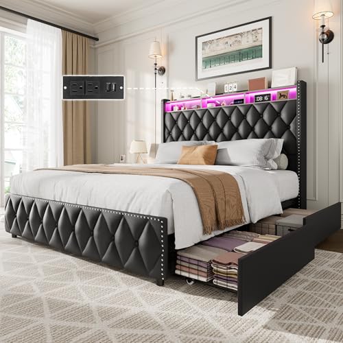 Queen Velvet Upholstered Bed Frame with 4 Storage Drawers, Beige N56921