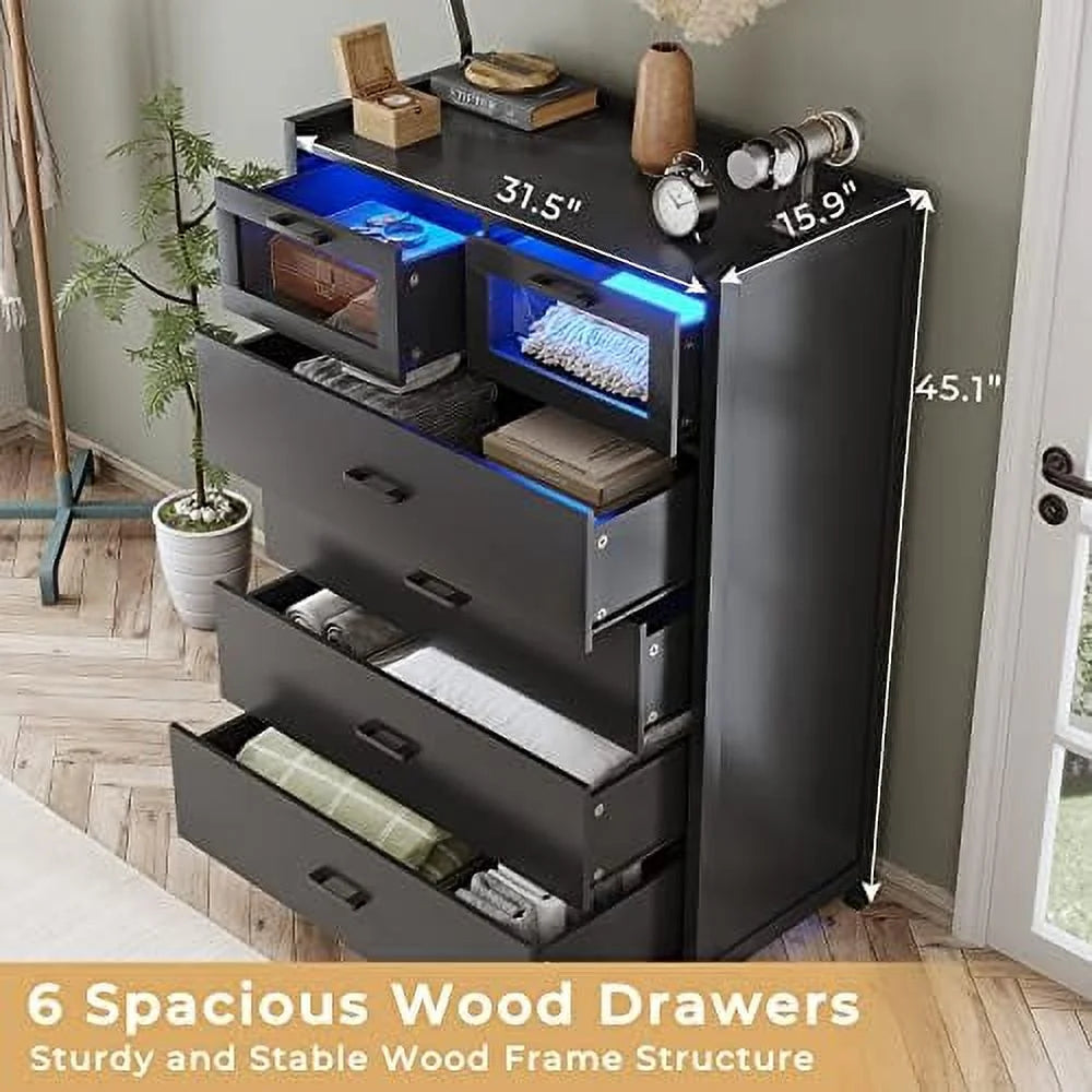 6 Drawer Wooden Dresser with LED Lights F8213