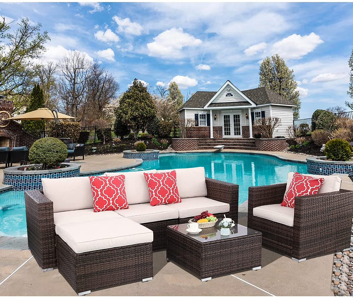6pcs Gray Rattan Wicker Sectional Outdoor Sofa Set with Black Washable Seat Cushions & Glass Coffee Table J698