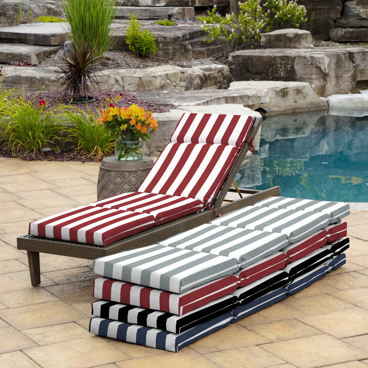 Black Cabana Stripe Outdoor Chaise Lounge Cushion F318411