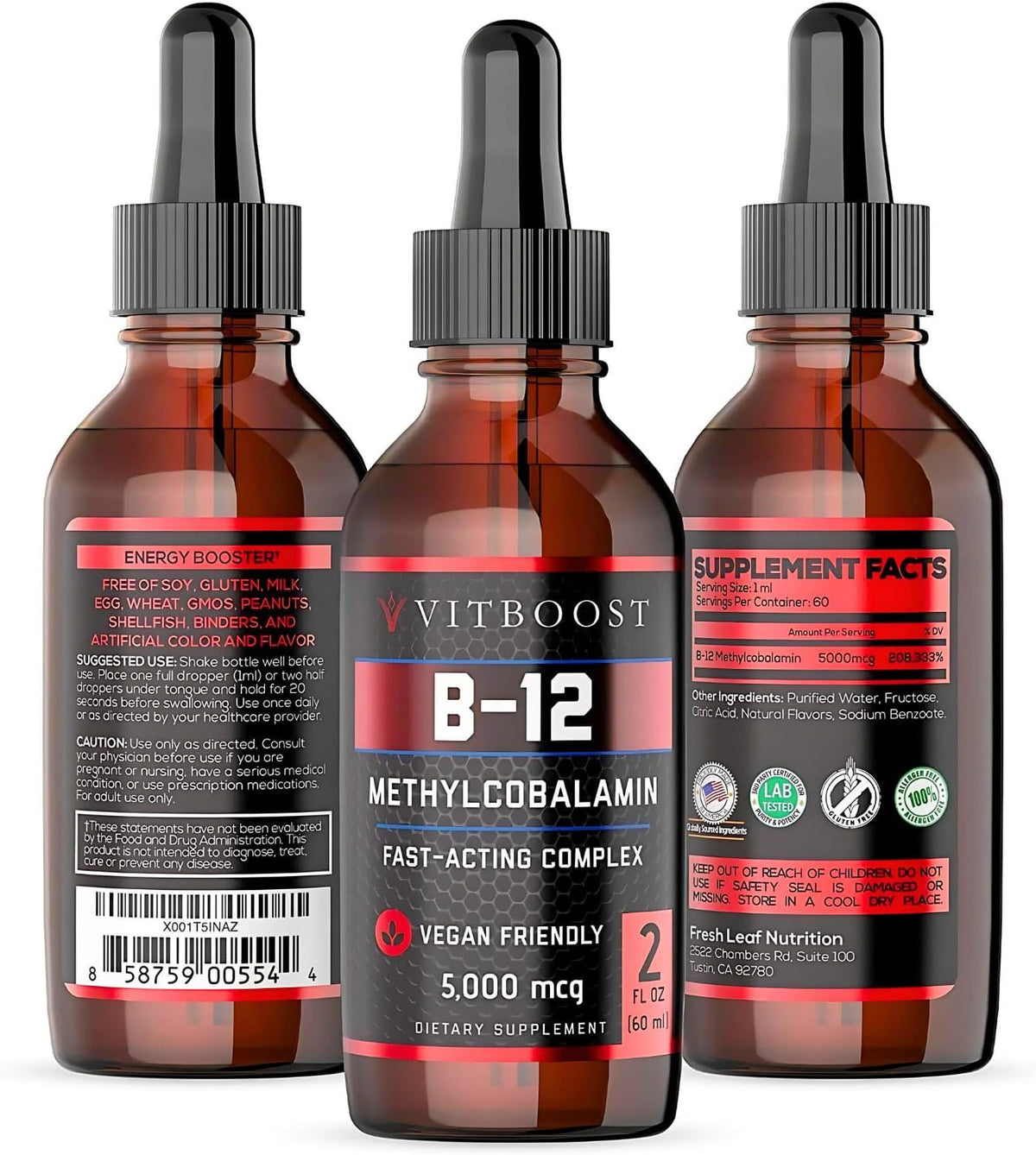 60 x 5000 mcg Raspberry Flavored Vitamin B12 Liquid Methylcobalamin Supplement M951