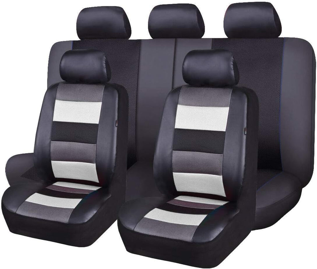 Black Leather and Red Fabric Car Seat Covers Full Set F984082