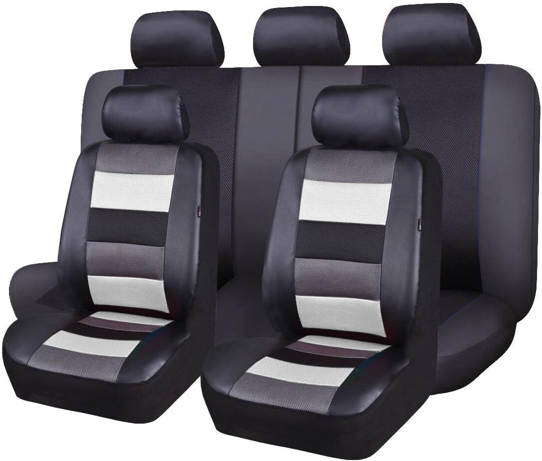 Black Leather and Red Fabric Car Seat Covers Full Set F984082