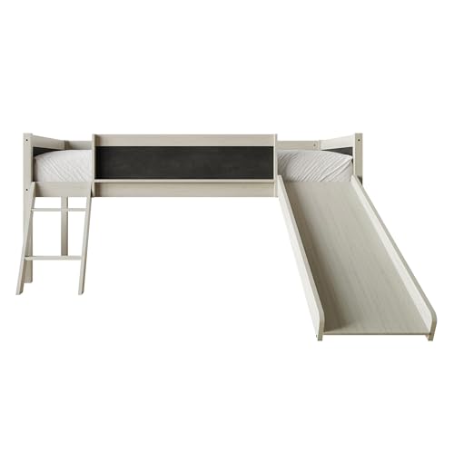Antique Gray Wood Twin Loft Bed Frame with Slide, Climbing Ladder, Chalkboard, Guardrail V691