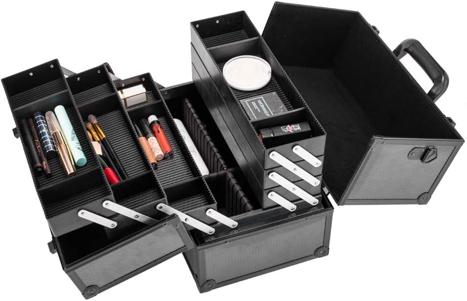 Portable Makeup Train Case with Lock and Compartments, black I83027