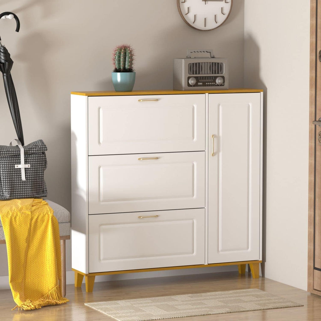 White-Walnut 3 Compartment Shoe Storage Cabinet with Locker F39692