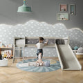 Antique Gray Wood Twin Loft Bed Frame with Slide, Climbing Ladder, Chalkboard, Guardrail V691