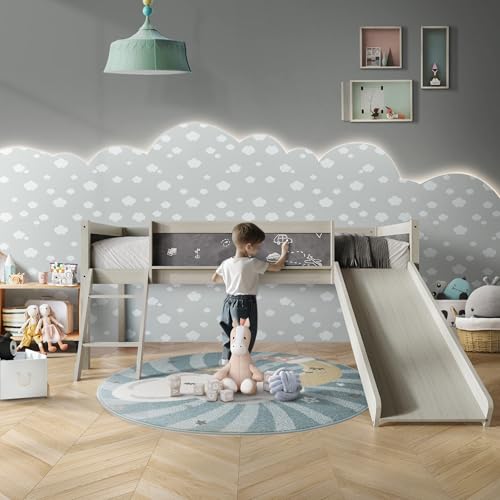 Antique Gray Wood Twin Loft Bed Frame with Slide, Climbing Ladder, Chalkboard, Guardrail V691