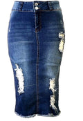 Plus Size Midi Ripped Denim Jean Skirt H439