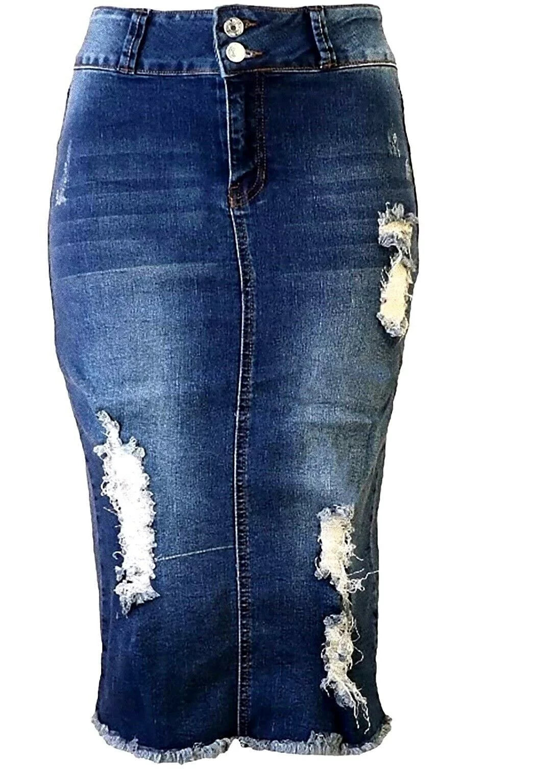Plus Size Midi Ripped Denim Jean Skirt H439