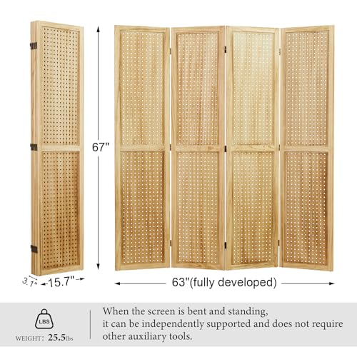 66.9inch Freestanding Folding Pegboard Privacy Screens 4 Panels White S7022