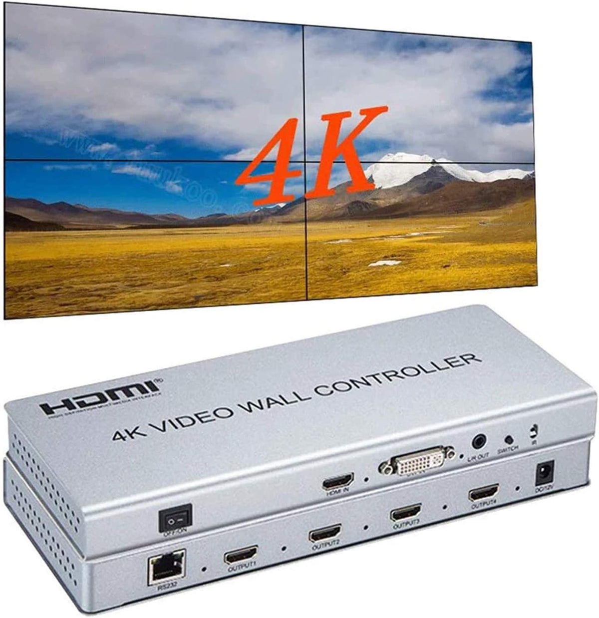 4K 2x2 Video Wall Controller Splitter, 4X1 Quad Viewer, 1 HDMI/DVI Input, 4 HDMI Output J88239