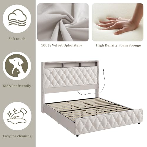 Queen Velvet Upholstered Bed Frame with 4 Storage Drawers, Beige N56921