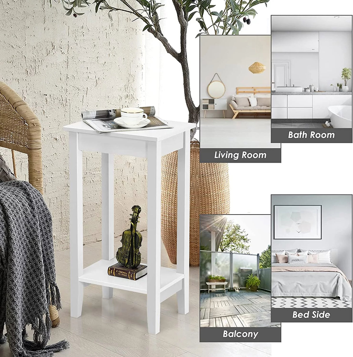 2-Tier End Table with Shelf and Wooden Legs, White K2106