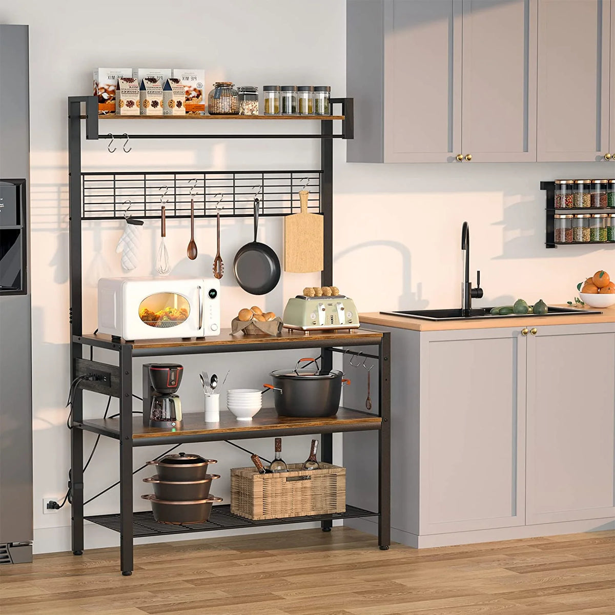 Rustic Brown 4-Tier Microwave Oven Stand with Hutch L73382