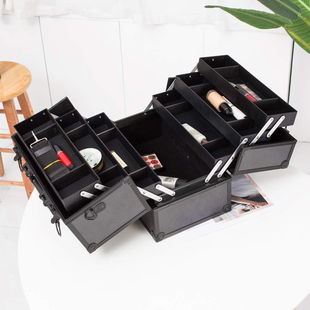 Portable Makeup Train Case with Lock and Compartments, black I83027