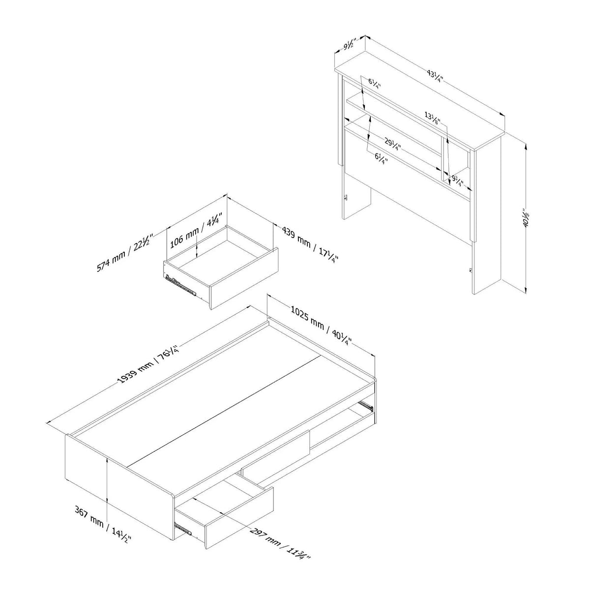 Twin Pure White Bed with Bookcase Headboard W392339