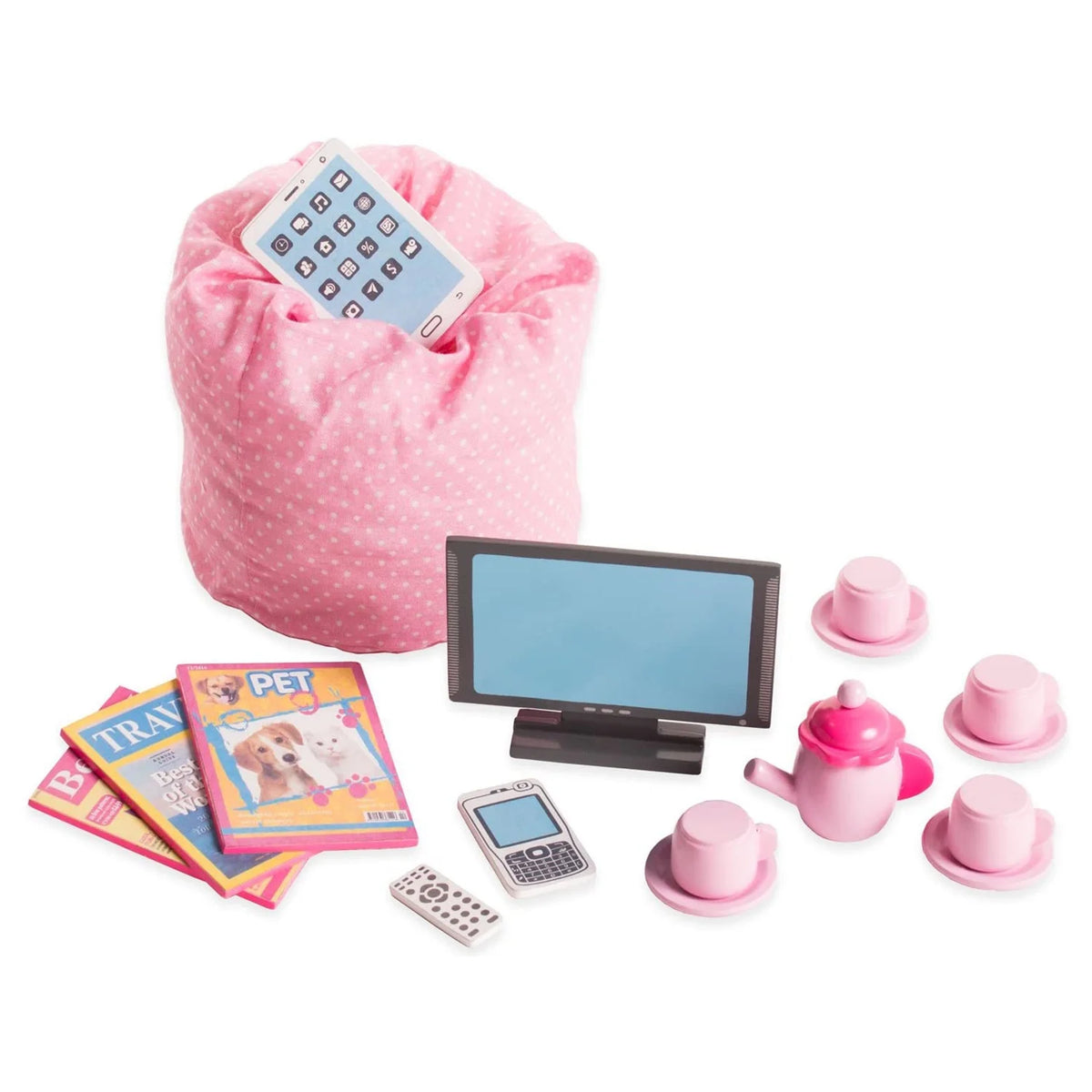 18" Dolls Wood Sofa & Coffee Table with Accessories E900171