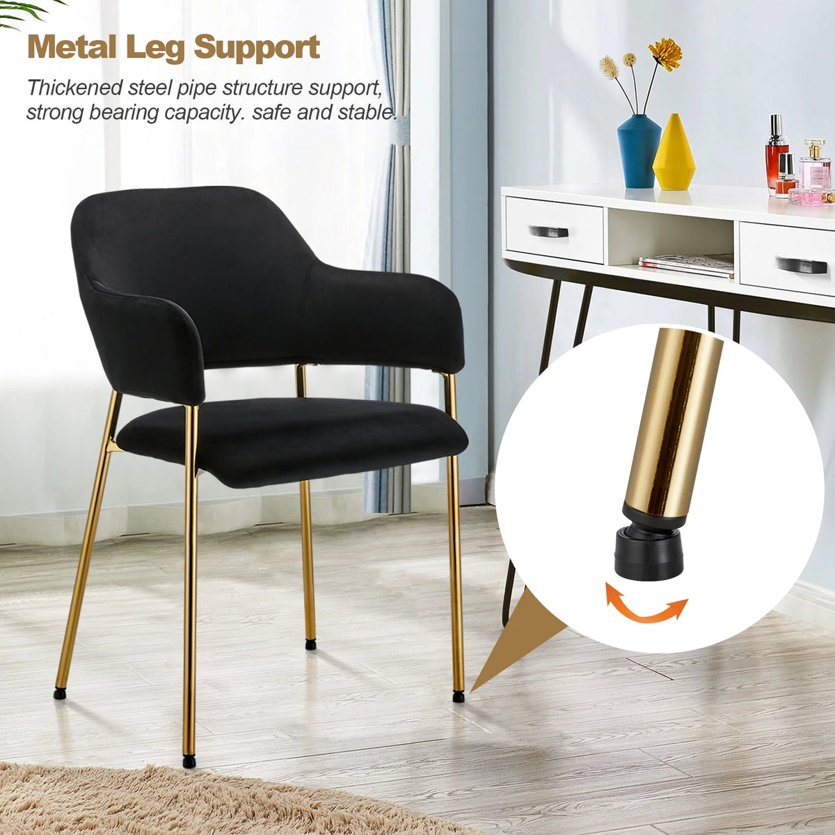 Black Velvet Dining Chairs Set of 2 with Armrest and Golden Chrome Legs C7826