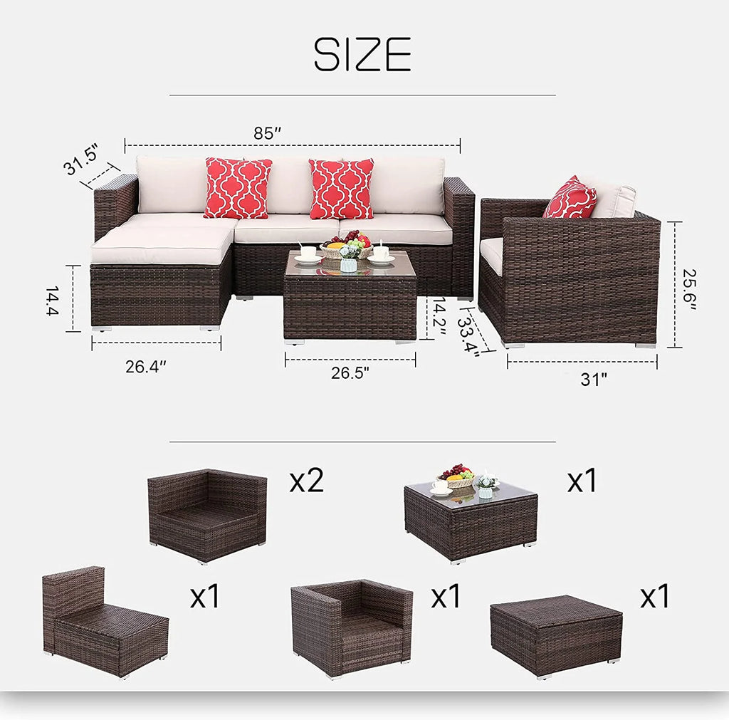 6pcs Gray Rattan Wicker Sectional Outdoor Sofa Set with Black Washable Seat Cushions & Glass Coffee Table J698