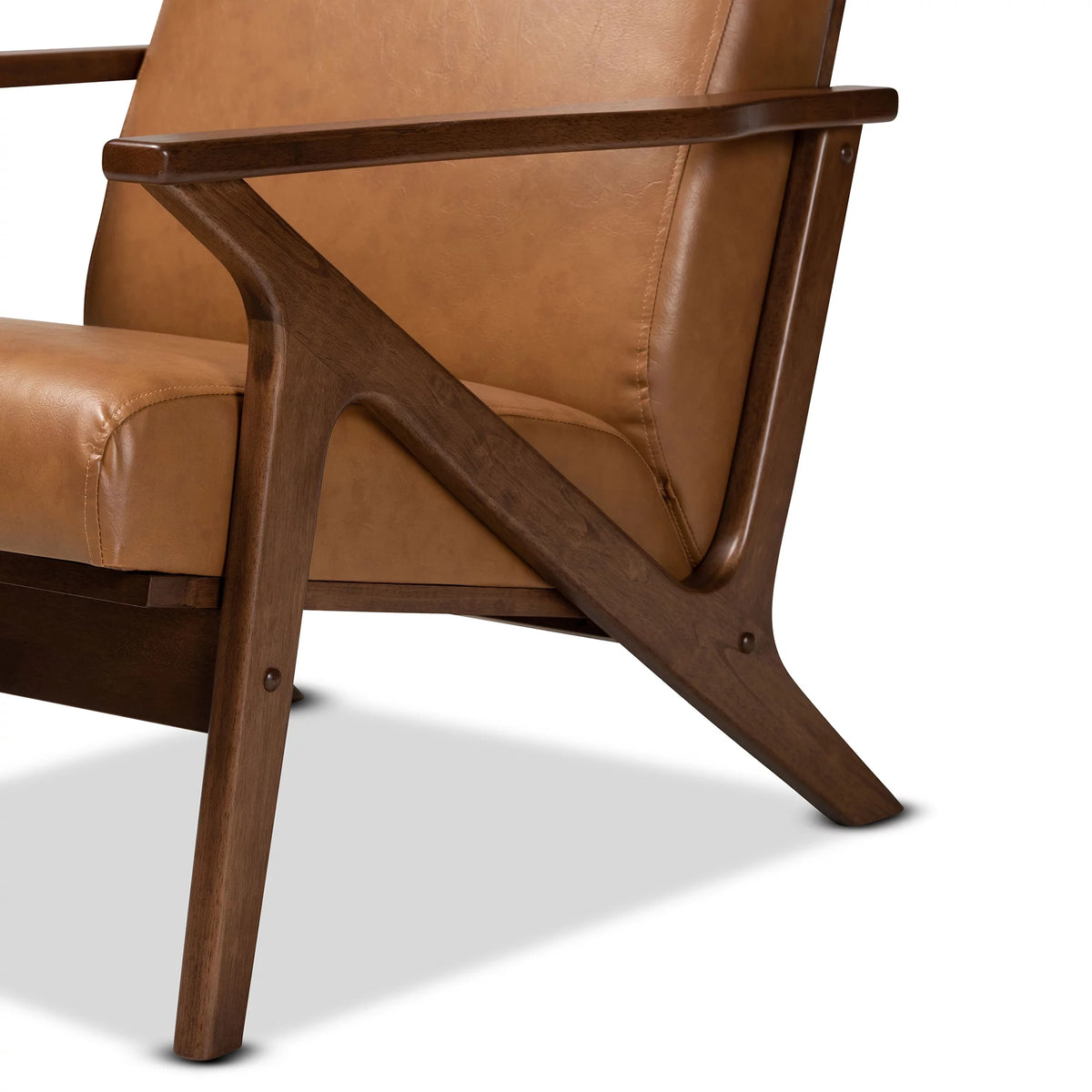 Walnut Brown Wood and Tan Faux Leather Lounge Chair W28394