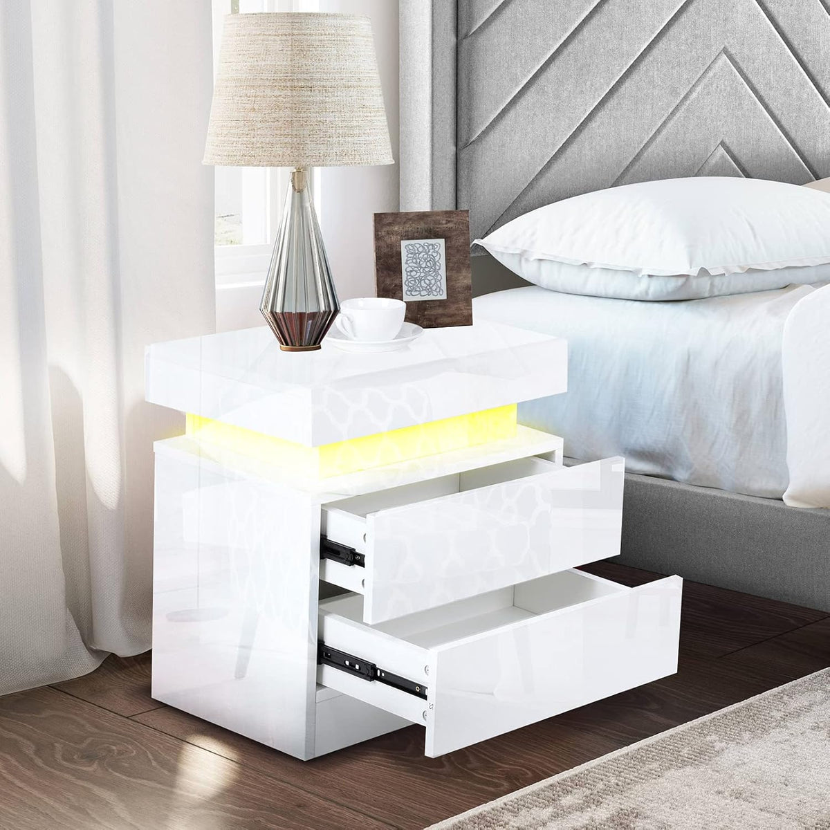 White 2 Drawer LED Nightstand J192937