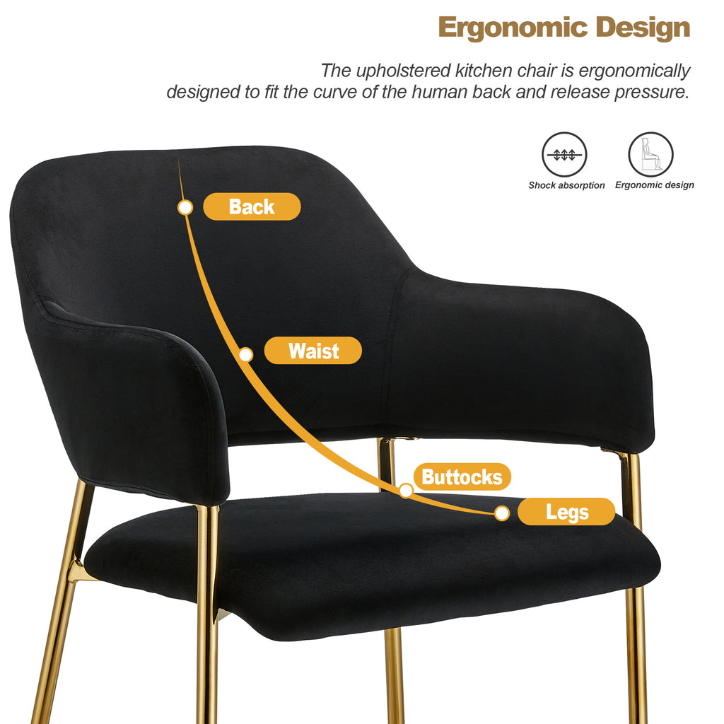 Black Velvet Dining Chairs Set of 2 with Armrest and Golden Chrome Legs C7826